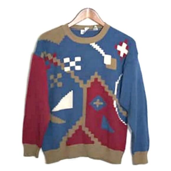 Vintage Country Suburbans Blue Tan Geometric Print Knit Grandma Sweater Sz Large - Picture 1 of 5